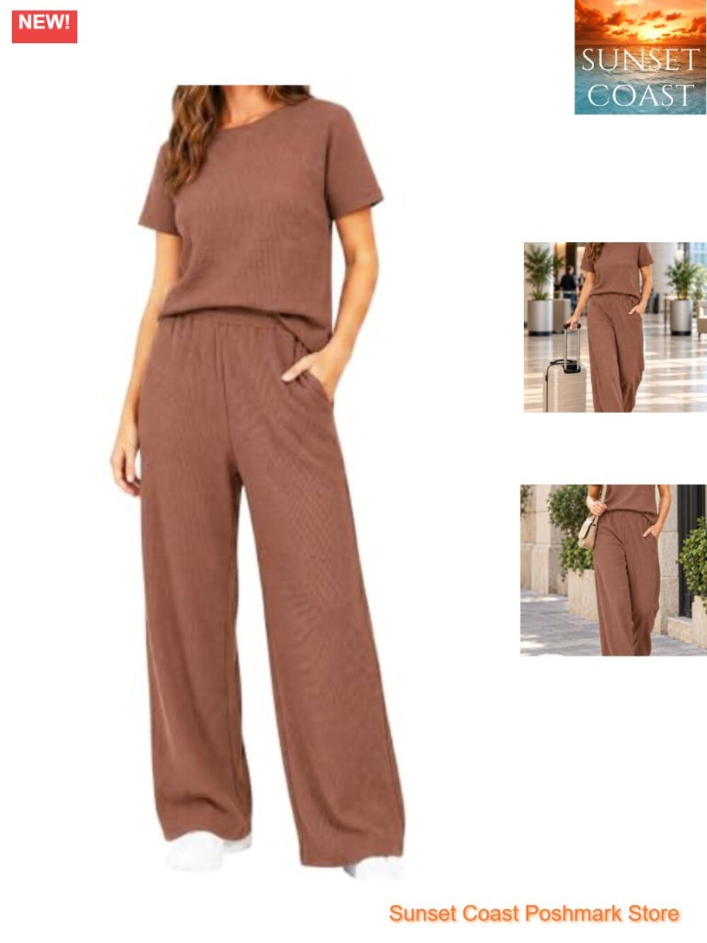 Waffle Knit 2 Piece Lounge Set Short Sleeve Wide Leg Pants Pockets